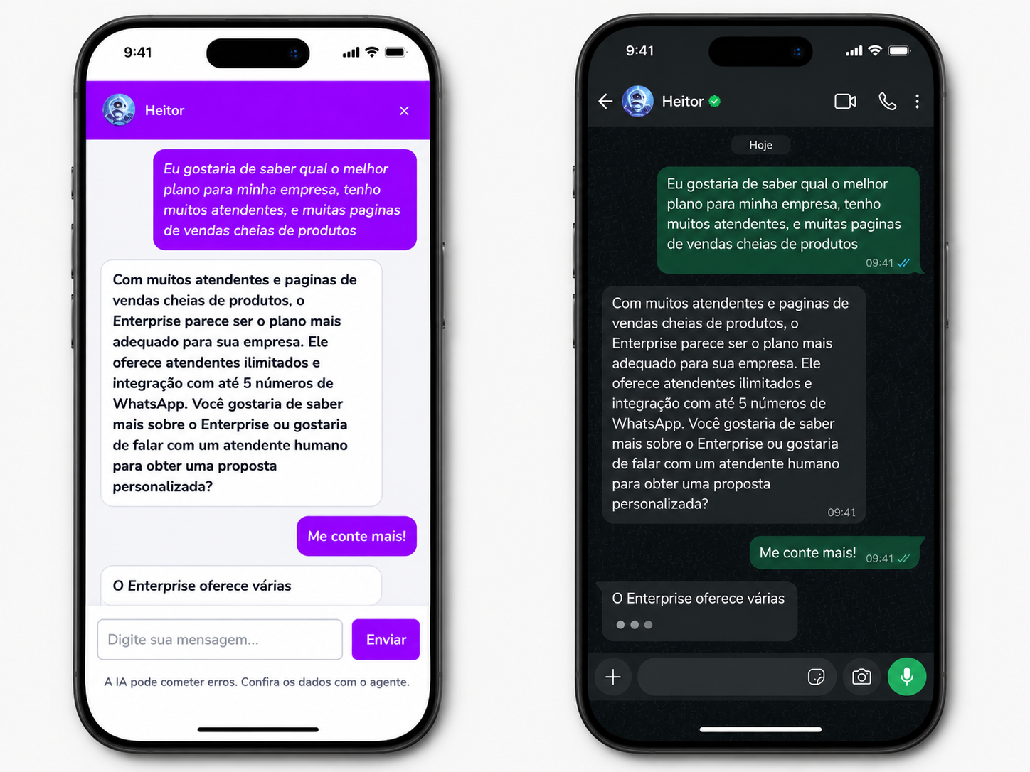 Print da mesma conversa no widget do site e no WhatsApp